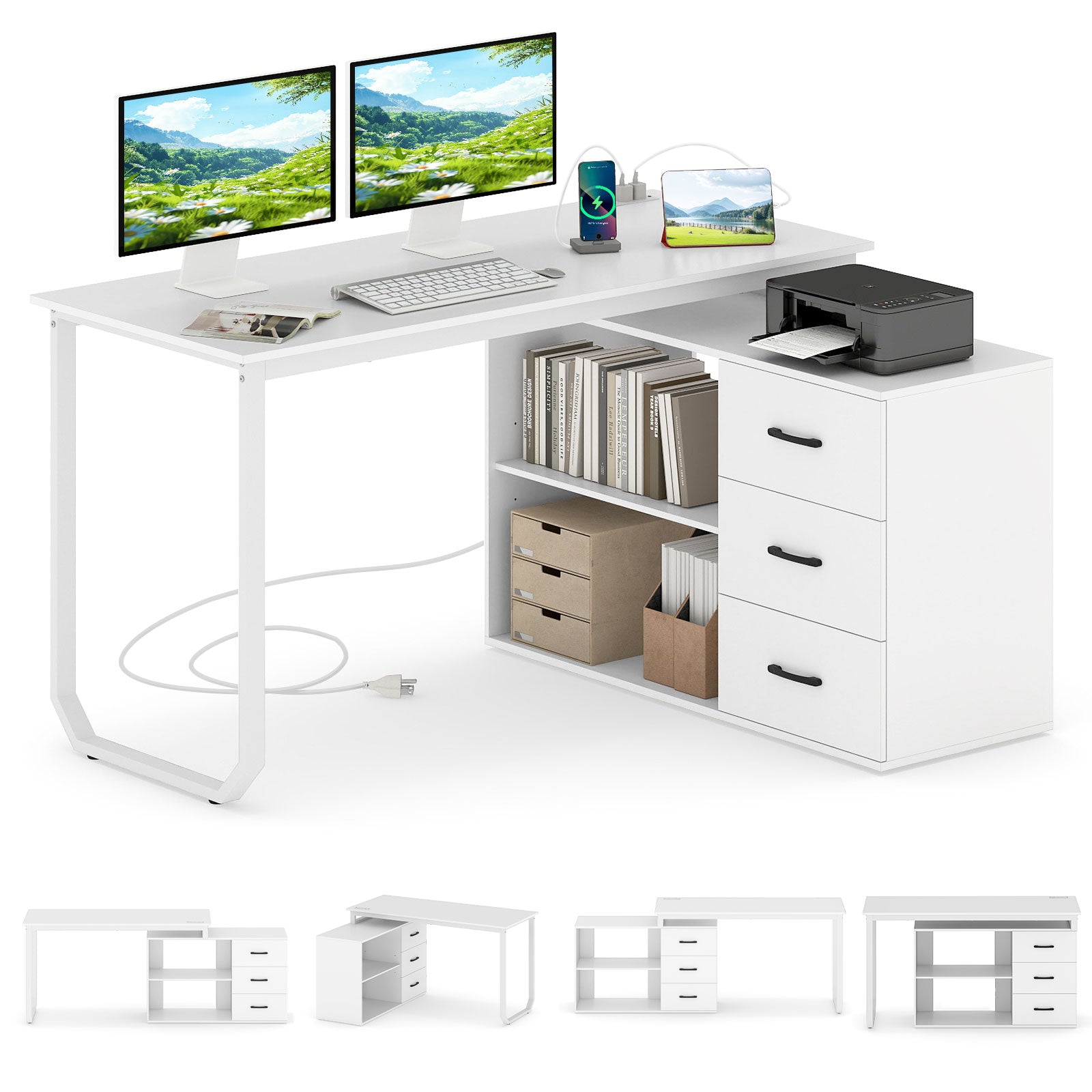55 Inch Reversible L Shaped Desk with 3 Drawers Home Office Desk with Adjustable Shelf, White L-Shaped Desks at Gallery Canada