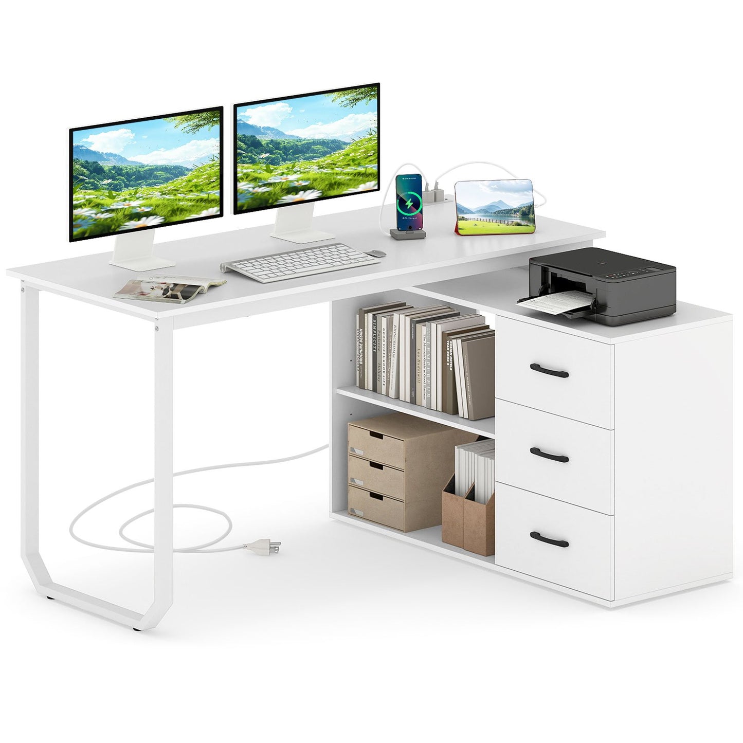 55 Inch Reversible L Shaped Desk with 3 Drawers Home Office Desk with Adjustable Shelf, White L-Shaped Desks White at Gallery Canada