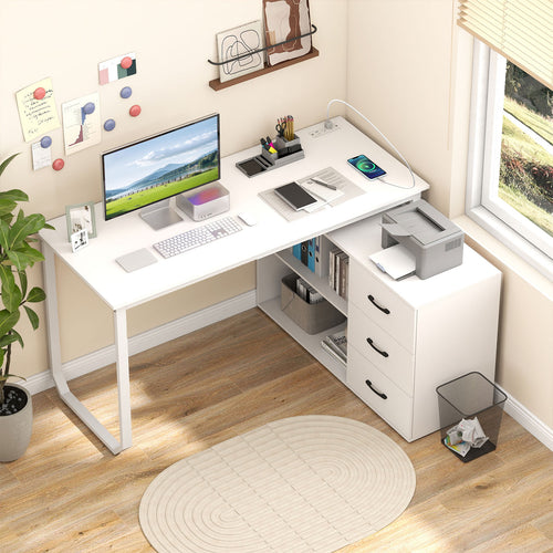 55 Inch Reversible L Shaped Desk with 3 Drawers Home Office Desk with Adjustable Shelf, White
