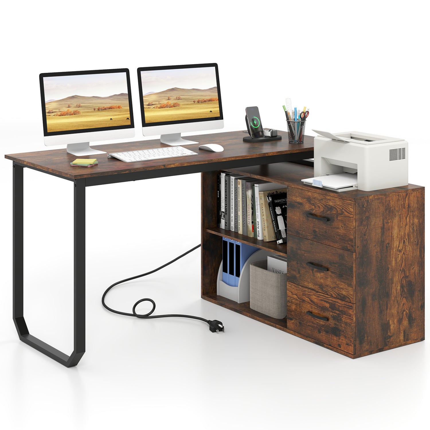 55 Inch Reversible L Shaped Desk with 3 Drawers Home Office Desk with Adjustable Shelf, Rustic Brown L-Shaped Desks at Gallery Canada