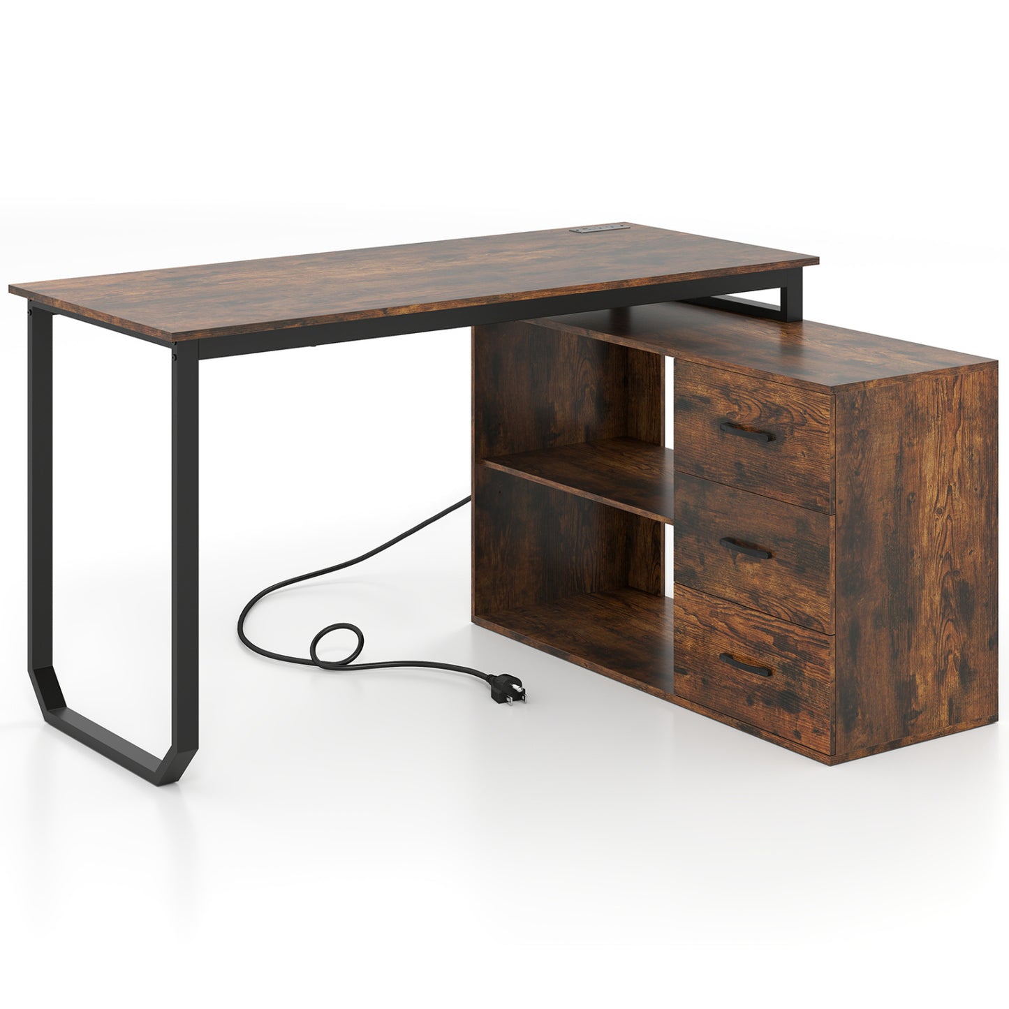 55 Inch Reversible L Shaped Desk with 3 Drawers Home Office Desk with Adjustable Shelf, Rustic Brown L-Shaped Desks at Gallery Canada