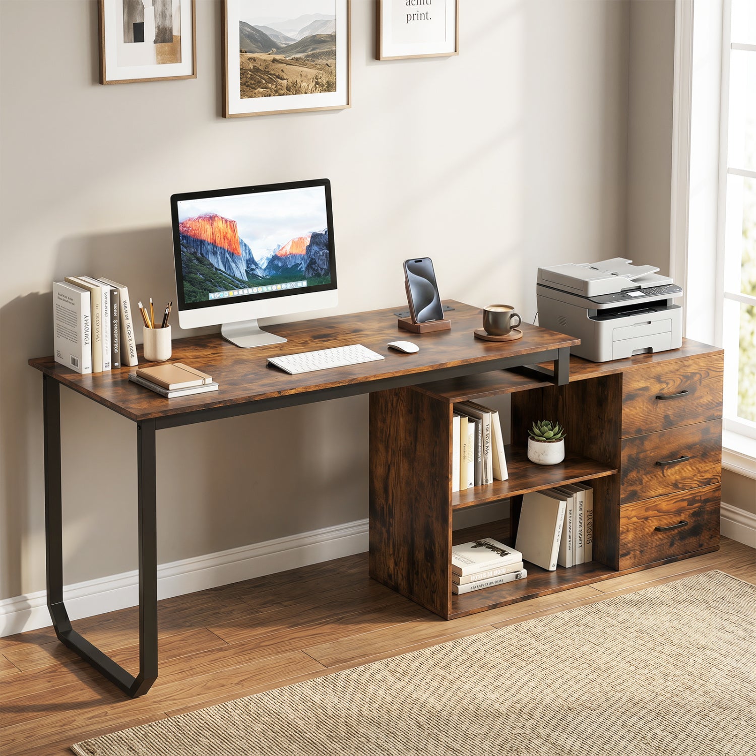 55 Inch Reversible L Shaped Desk with 3 Drawers Home Office Desk with Adjustable Shelf, Rustic Brown L-Shaped Desks at Gallery Canada