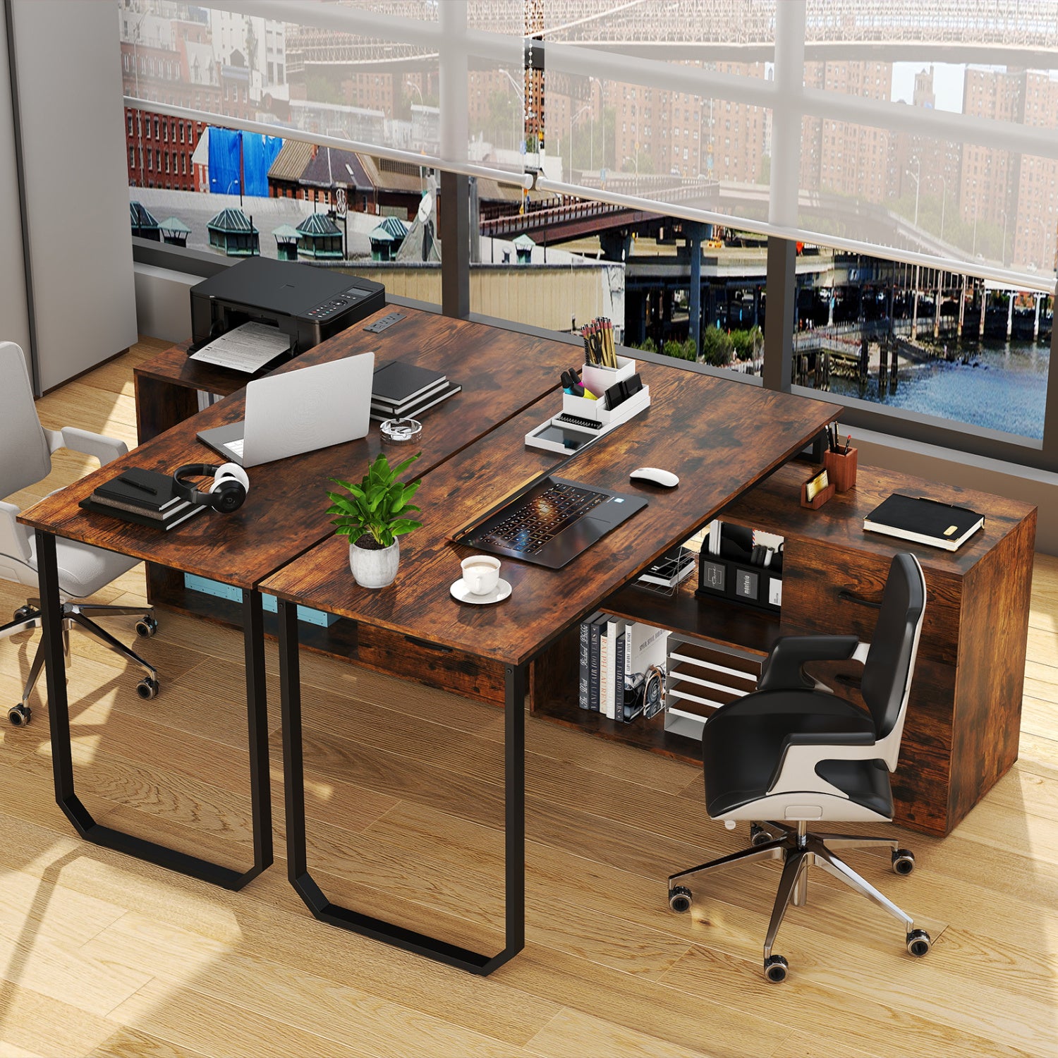 55 Inch Reversible L Shaped Desk with 3 Drawers Home Office Desk with Adjustable Shelf, Rustic Brown L-Shaped Desks at Gallery Canada