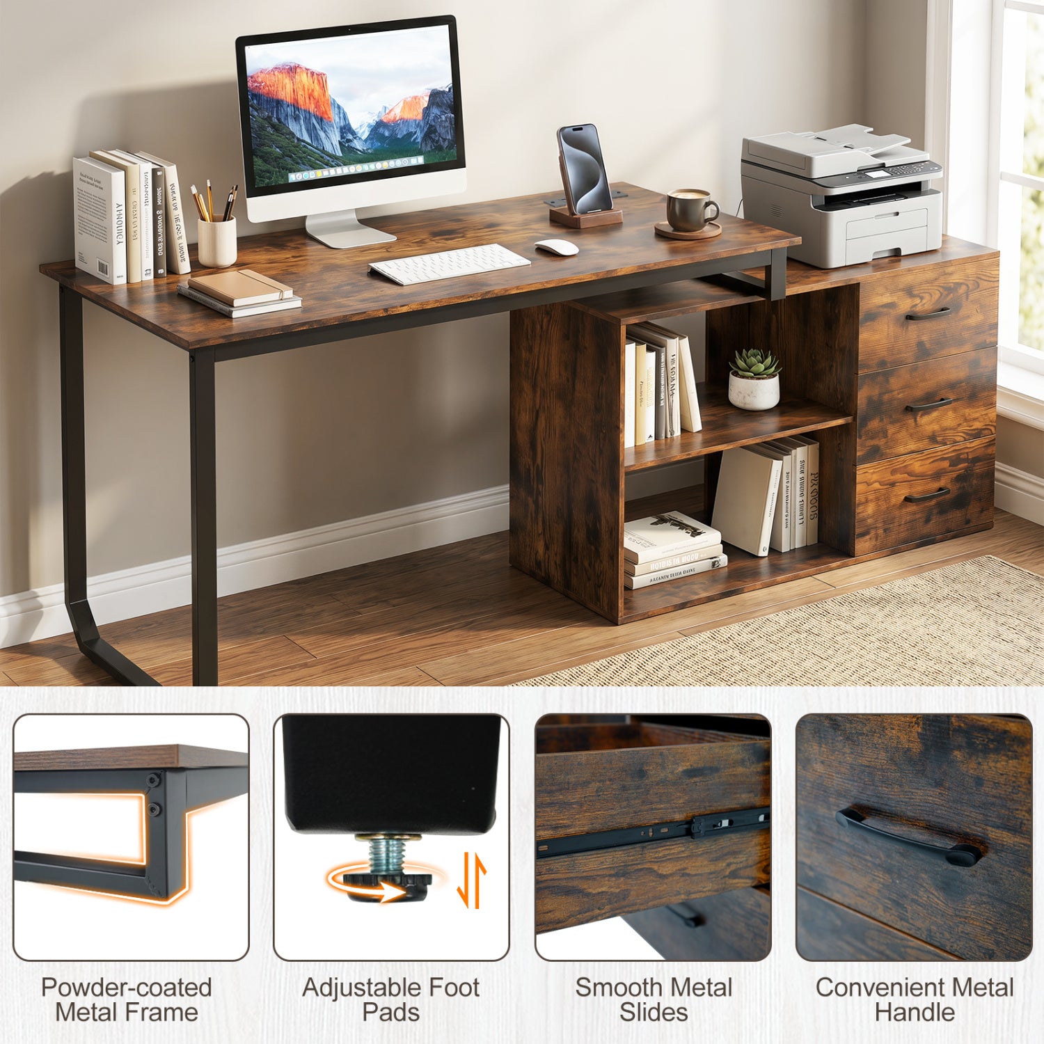 55 Inch Reversible L Shaped Desk with 3 Drawers Home Office Desk with Adjustable Shelf, Rustic Brown L-Shaped Desks at Gallery Canada