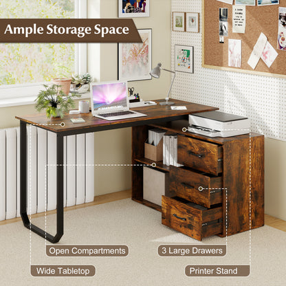 55 Inch Reversible L Shaped Desk with 3 Drawers Home Office Desk with Adjustable Shelf, Rustic Brown L-Shaped Desks at Gallery Canada