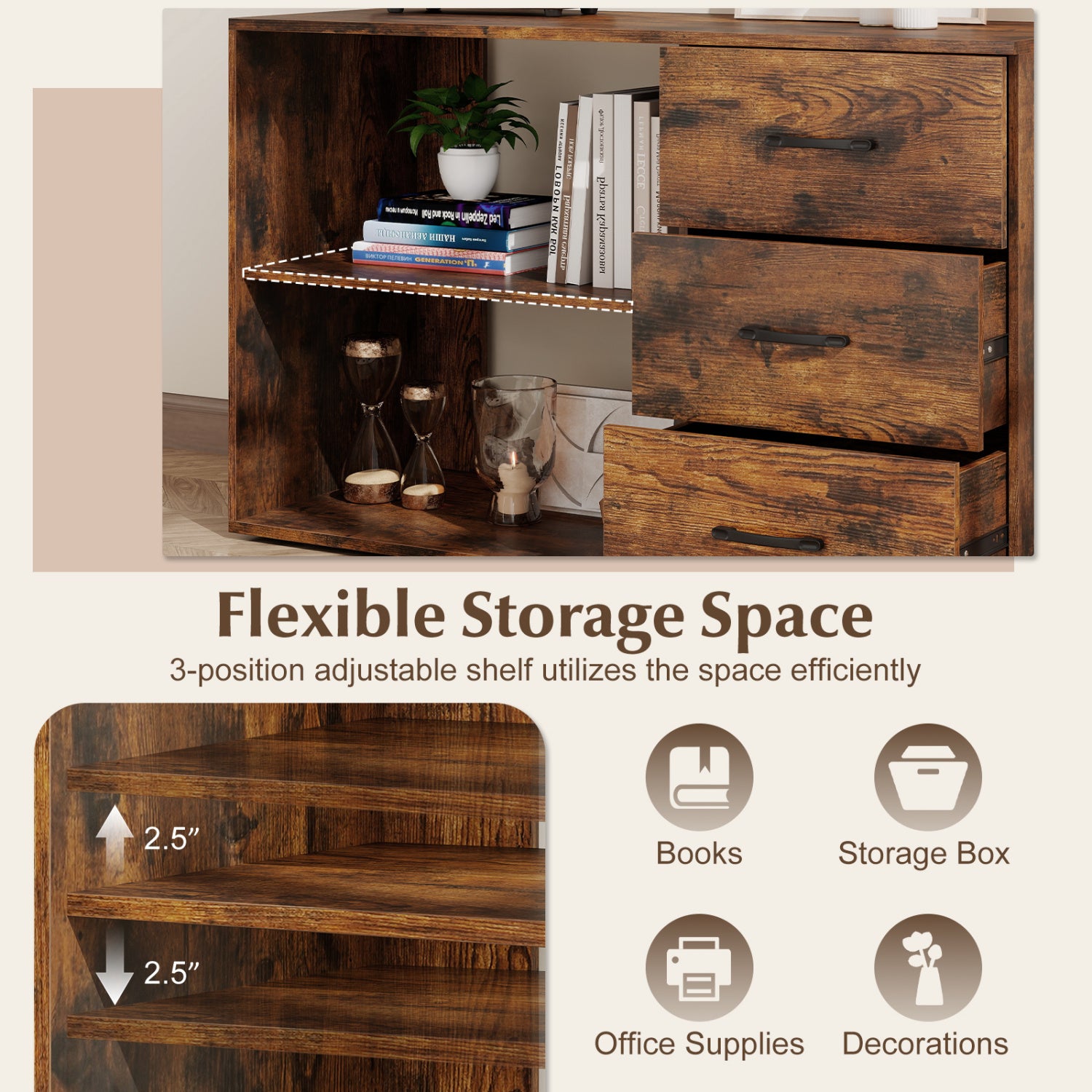 55 Inch Reversible L Shaped Desk with 3 Drawers Home Office Desk with Adjustable Shelf, Rustic Brown L-Shaped Desks at Gallery Canada