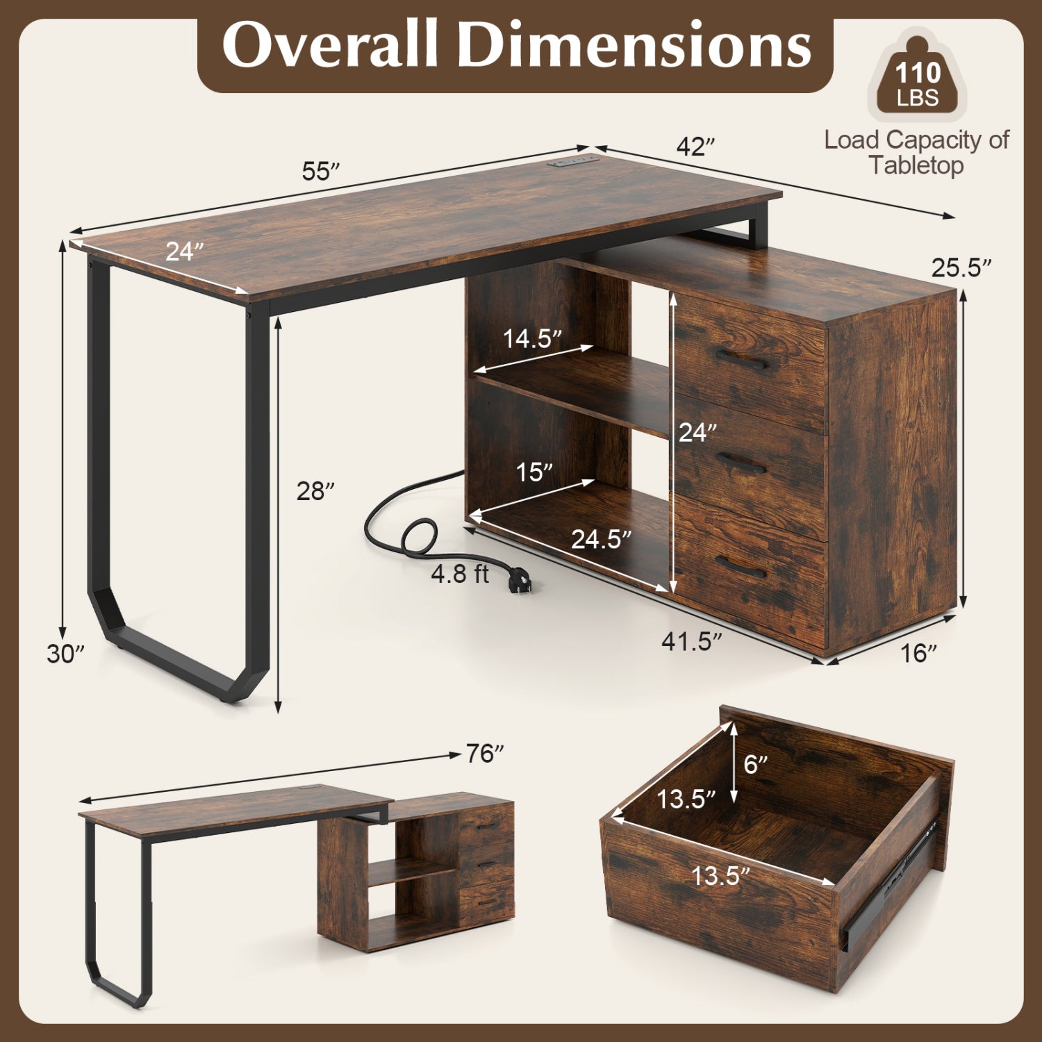 55 Inch Reversible L Shaped Desk with 3 Drawers Home Office Desk with Adjustable Shelf, Rustic Brown L-Shaped Desks at Gallery Canada