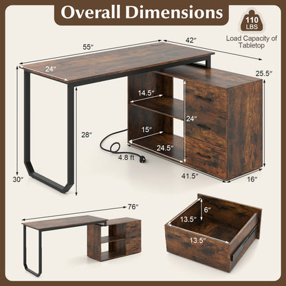 55 Inch Reversible L Shaped Desk with 3 Drawers Home Office Desk with Adjustable Shelf, Rustic Brown L-Shaped Desks at Gallery Canada