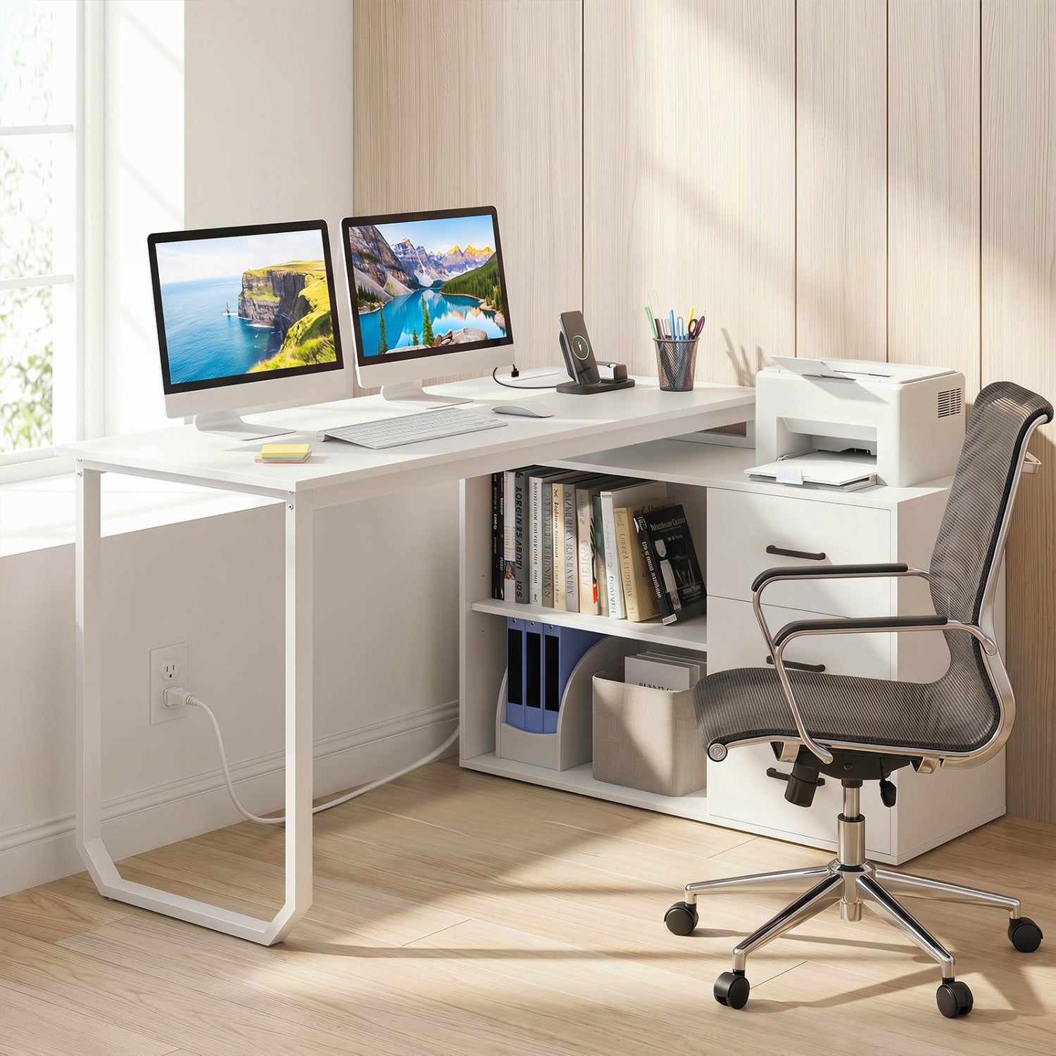 55 Inch Reversible L Shaped Desk with 3 Drawers Home Office Desk with Adjustable Shelf, White L-Shaped Desks at Gallery Canada