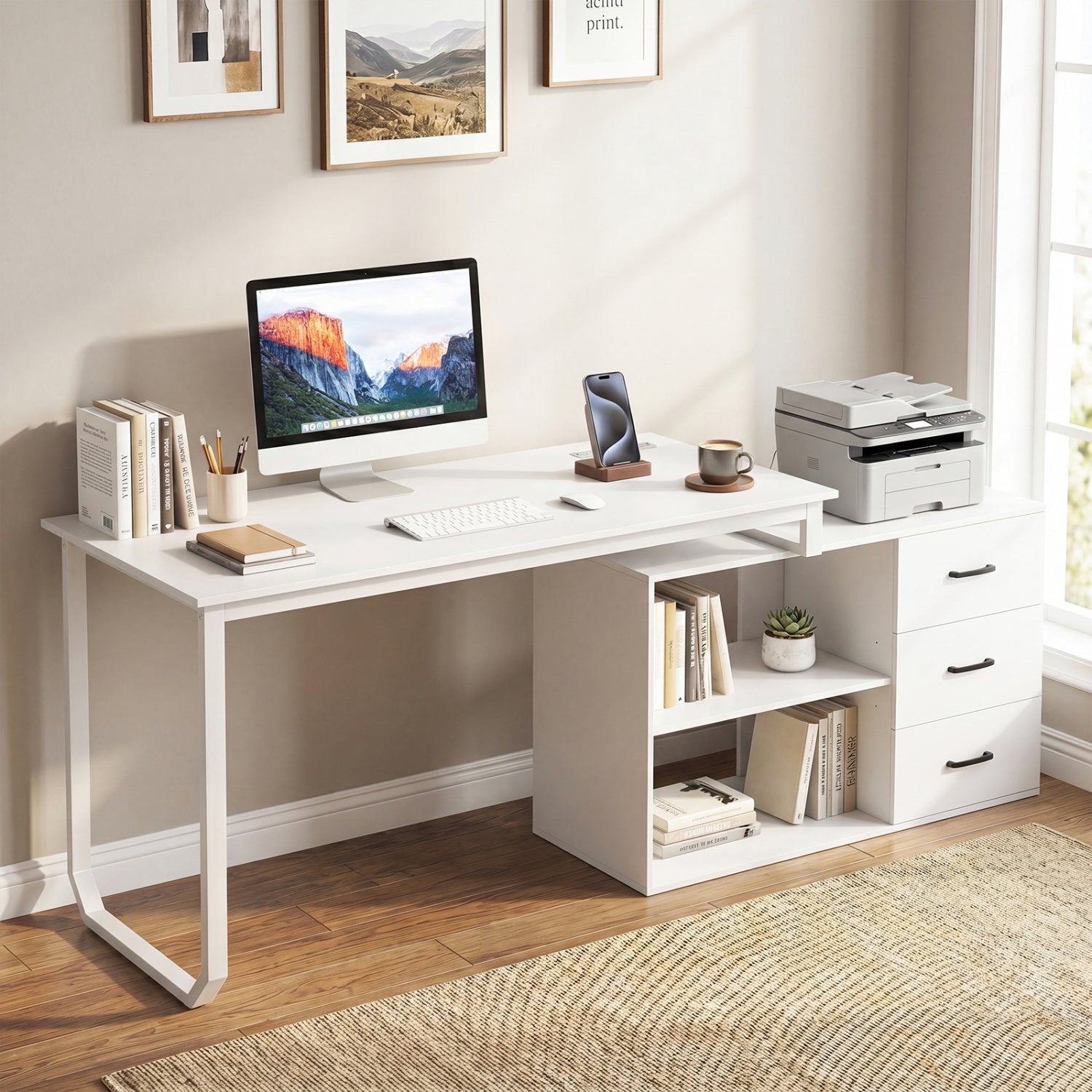 55 Inch Reversible L Shaped Desk with 3 Drawers Home Office Desk with Adjustable Shelf, White L-Shaped Desks at Gallery Canada