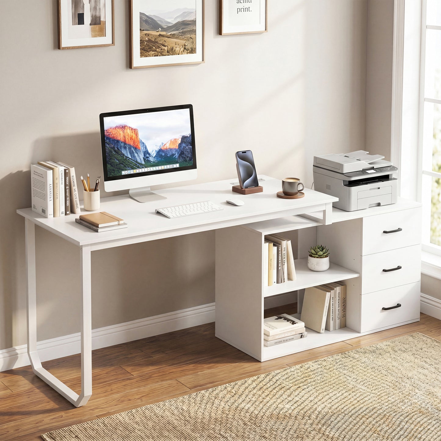 55 Inch Reversible L Shaped Desk with 3 Drawers Home Office Desk with Adjustable Shelf, White L-Shaped Desks at Gallery Canada
