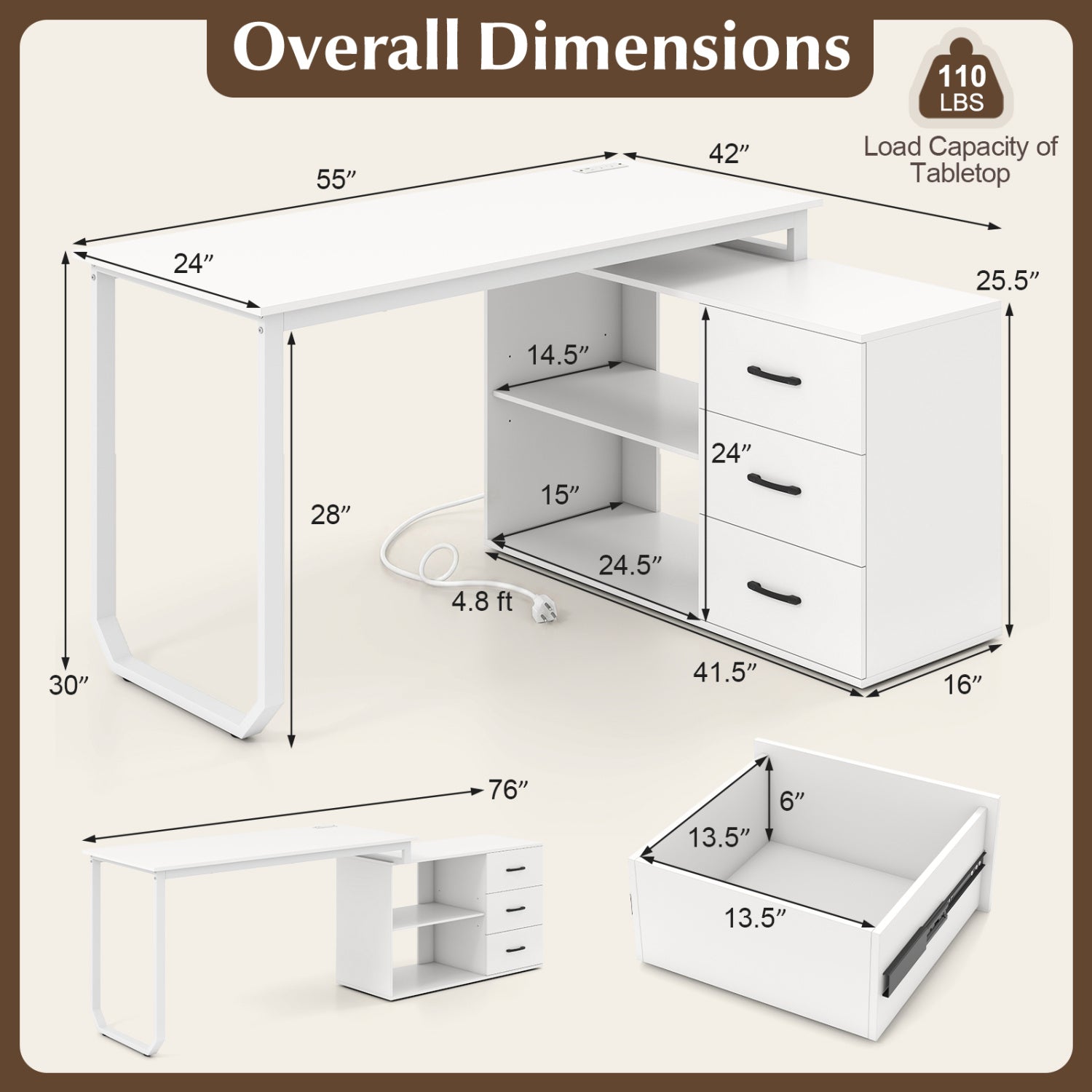 55 Inch Reversible L Shaped Desk with 3 Drawers Home Office Desk with Adjustable Shelf, White L-Shaped Desks at Gallery Canada