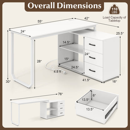 55 Inch Reversible L Shaped Desk with 3 Drawers Home Office Desk with Adjustable Shelf, White L-Shaped Desks at Gallery Canada