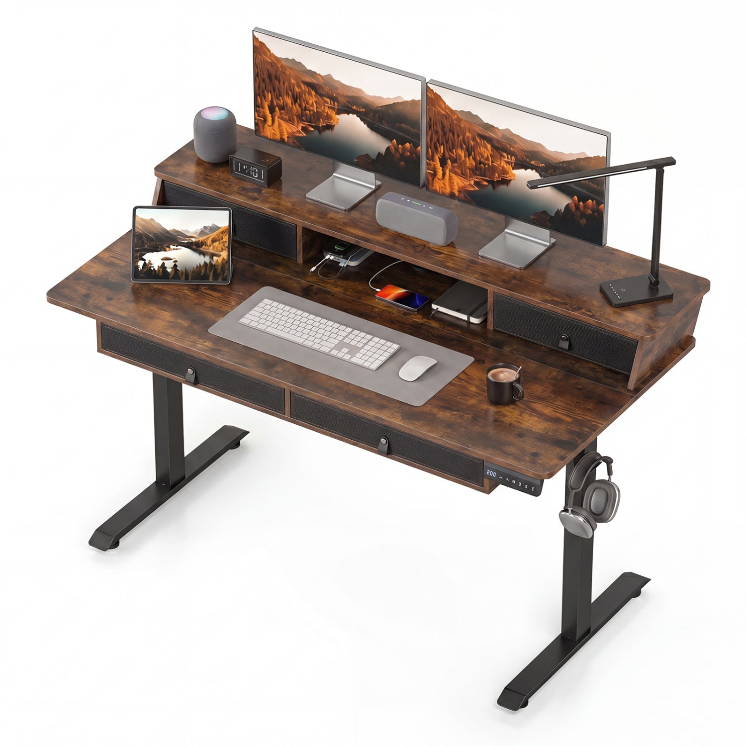 55 X 27 Inch Electric Standing Desk With Drawers, Rustic Brown Standing Desks Rustic Brown at Gallery Canada