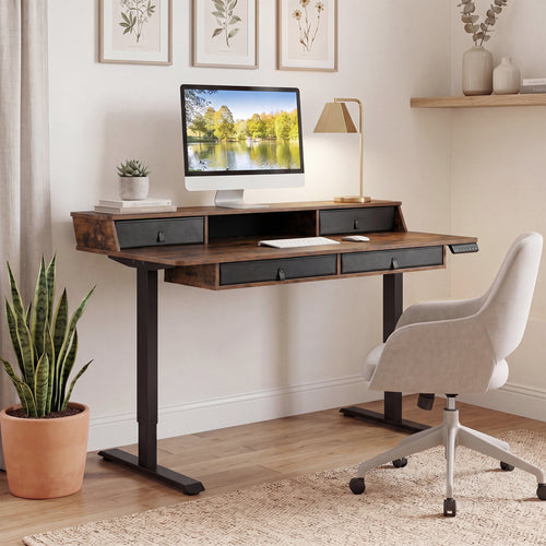 55 X 27 Inch Electric Standing Desk With Drawers, Rustic Brown