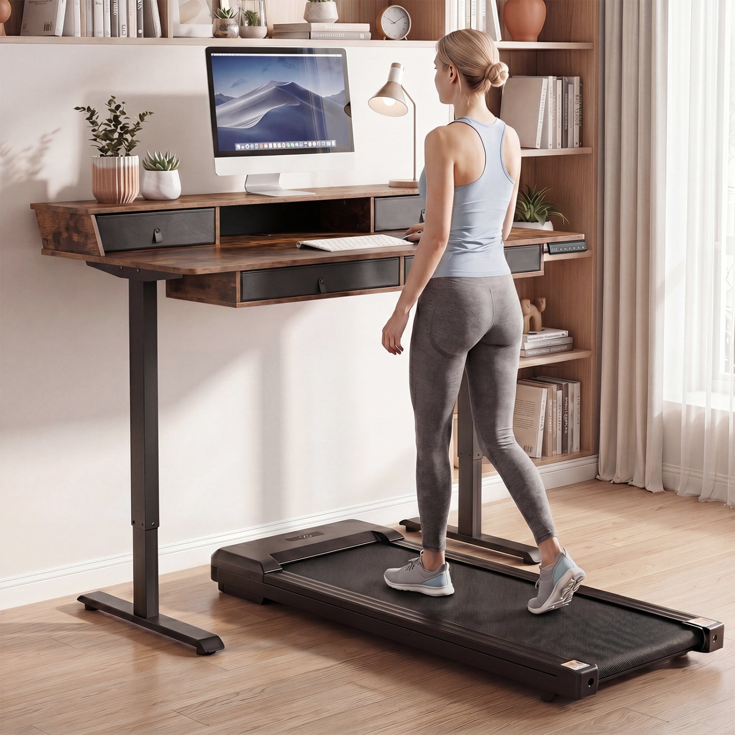 55 X 27 Inch Electric Standing Desk With Drawers, Rustic Brown Standing Desks at Gallery Canada