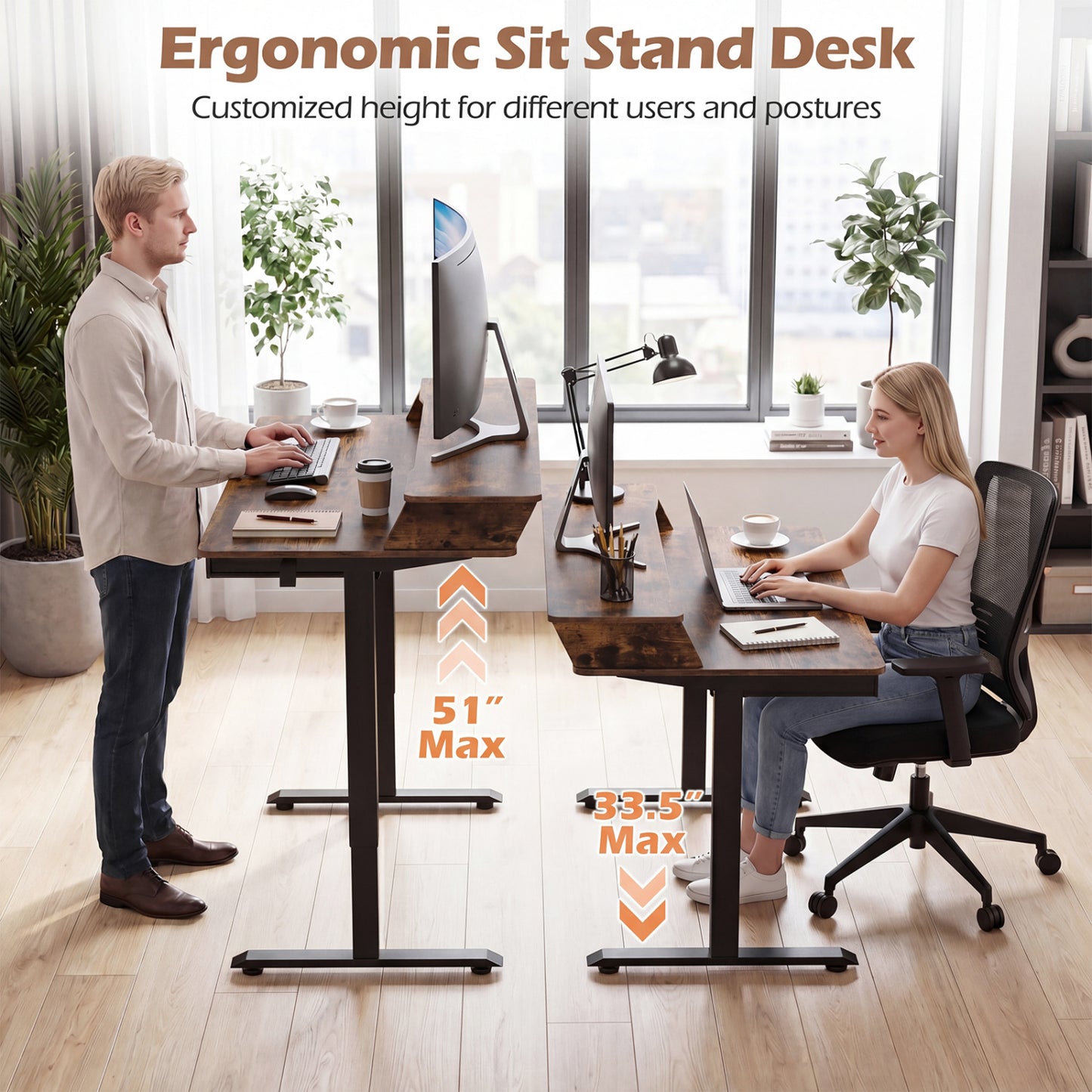 55 X 27 Inch Electric Standing Desk With Drawers, Rustic Brown Standing Desks at Gallery Canada