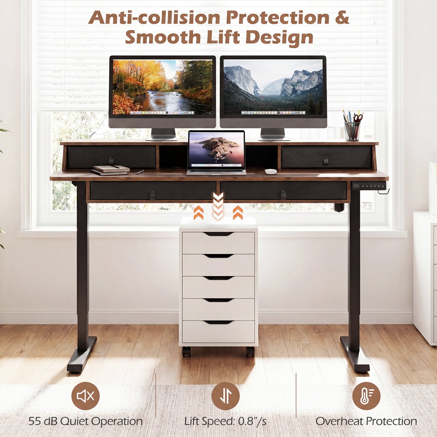 55 X 27 Inch Electric Standing Desk With Drawers, Rustic Brown Standing Desks at Gallery Canada