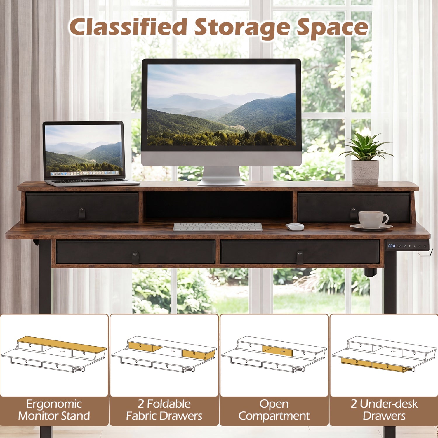 55 X 27 Inch Electric Standing Desk With Drawers, Rustic Brown Standing Desks at Gallery Canada
