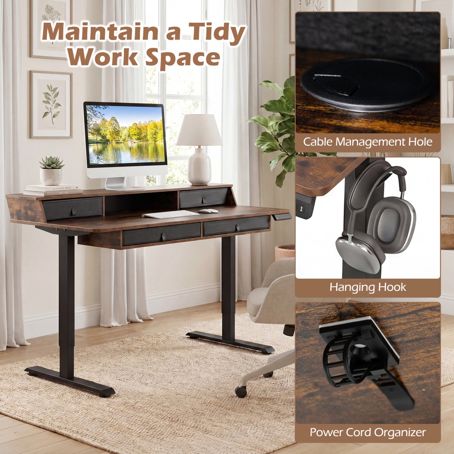 55 X 27 Inch Electric Standing Desk With Drawers, Rustic Brown Standing Desks at Gallery Canada