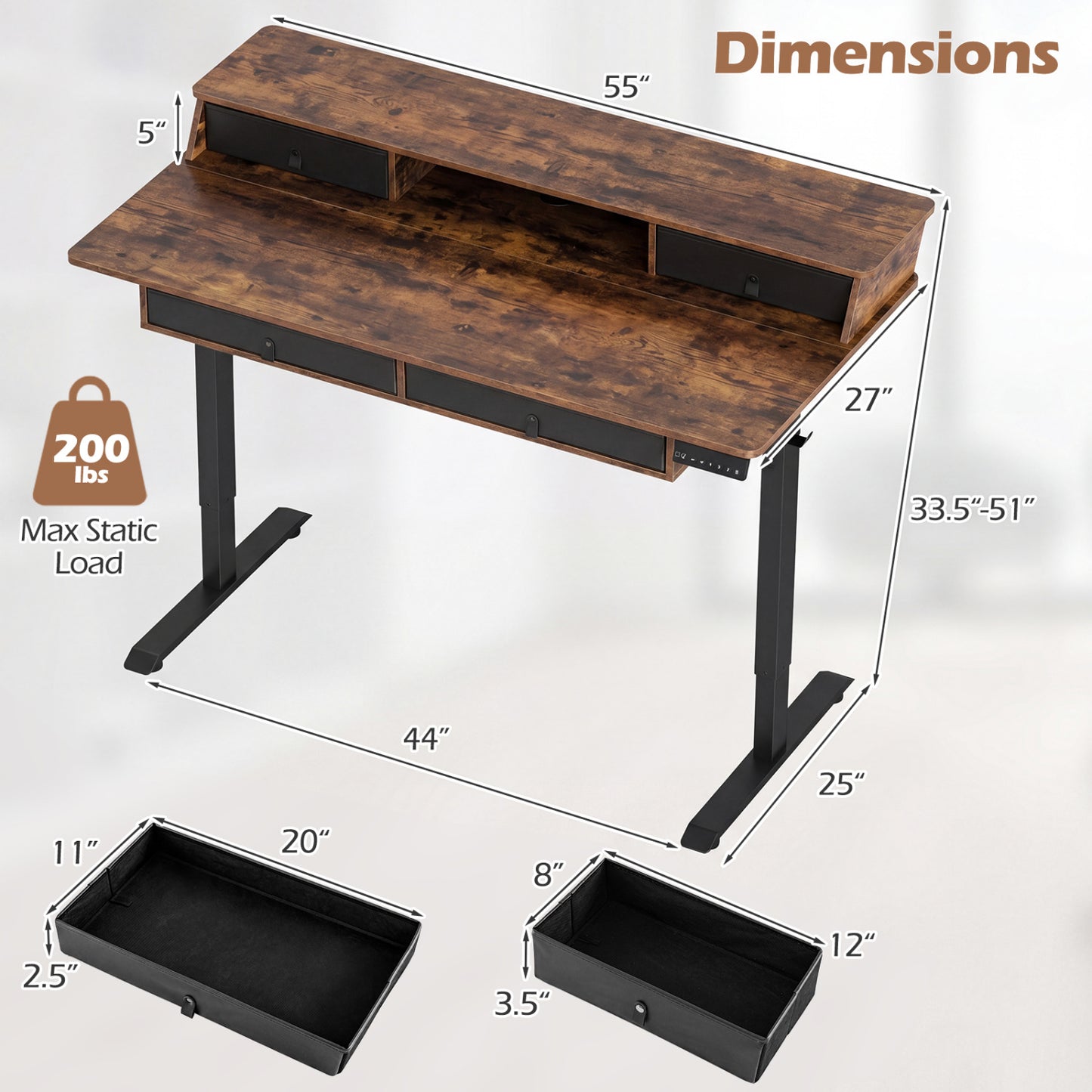 55 X 27 Inch Electric Standing Desk With Drawers, Rustic Brown Standing Desks at Gallery Canada