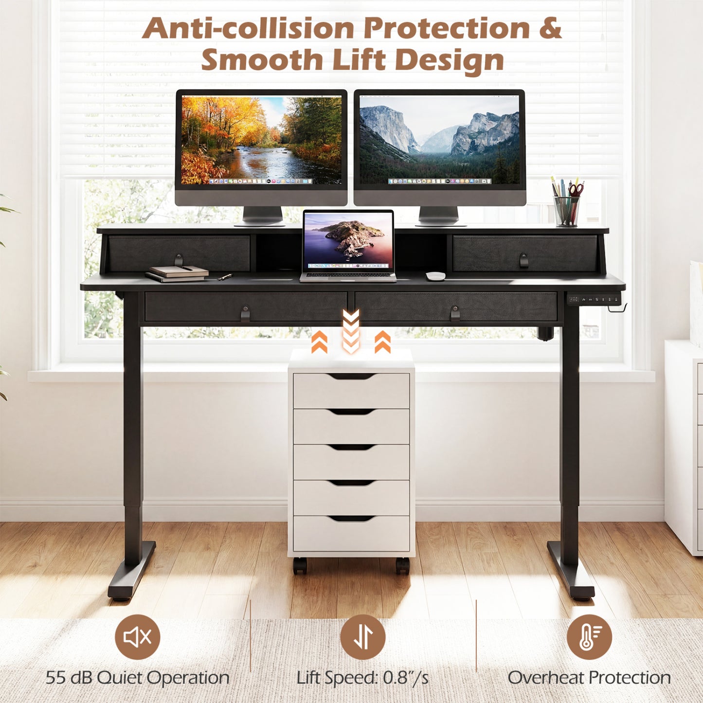 55"x27" Electric Standing Desk With Drawers, Black Standing Desks at Gallery Canada