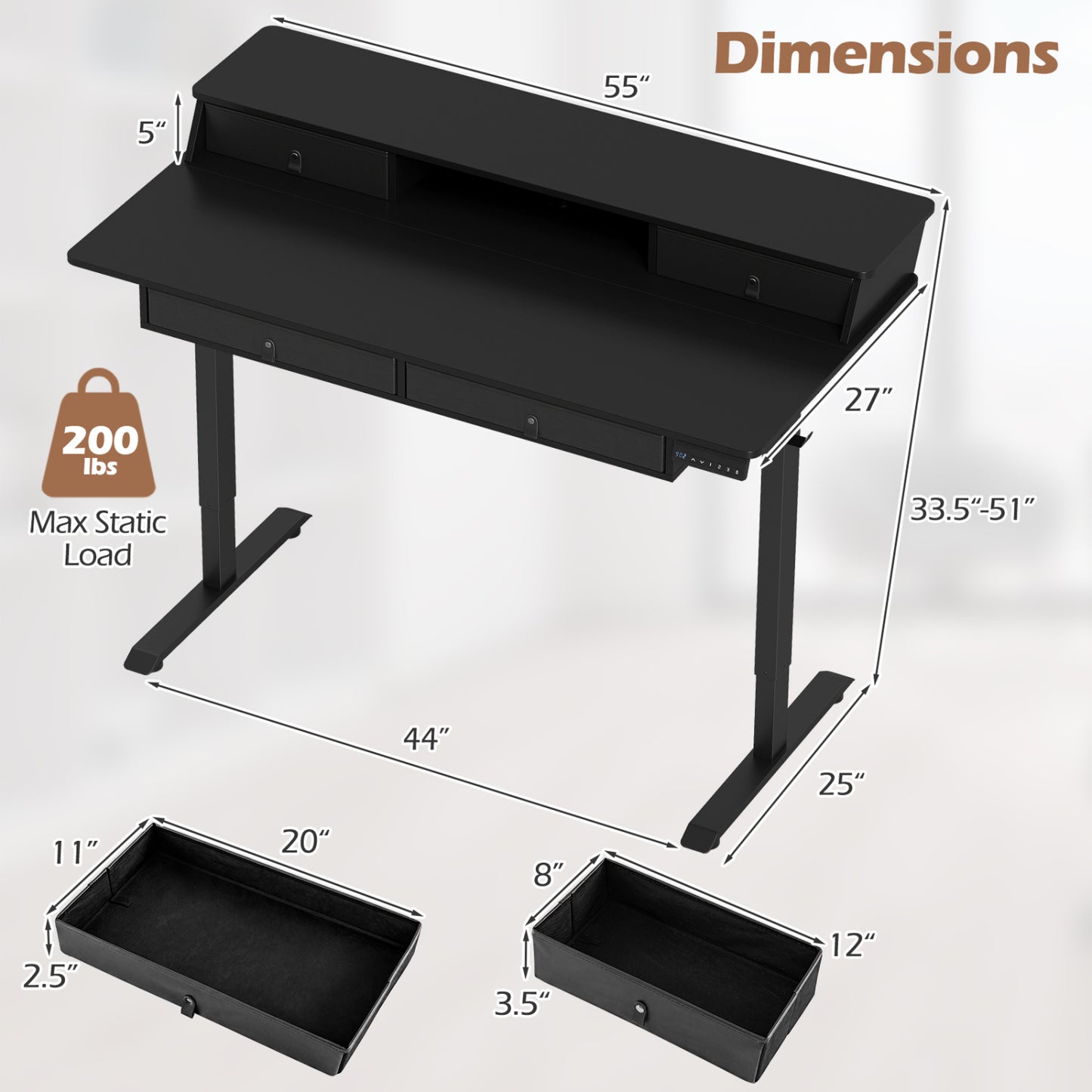 55"x27" Electric Standing Desk With Drawers, Black Standing Desks at Gallery Canada