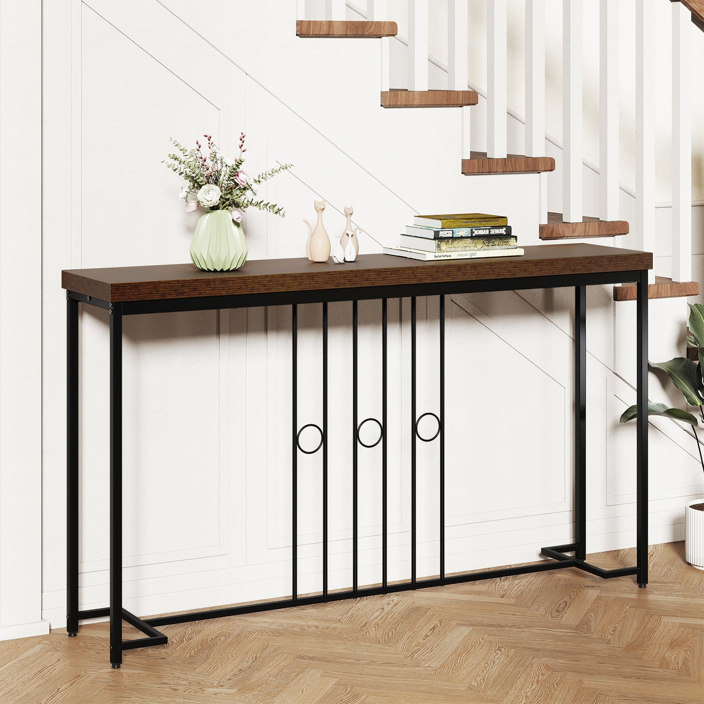 55" Industrial Console Table with H-Shaped Base, Brown Console Tables at Gallery Canada
