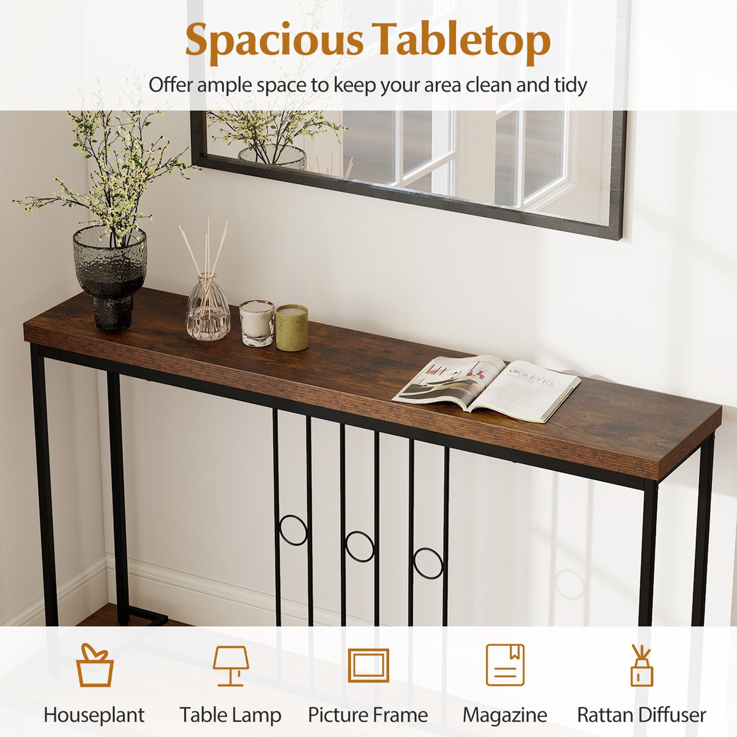 55" Industrial Console Table with H-Shaped Base, Brown Console Tables at Gallery Canada