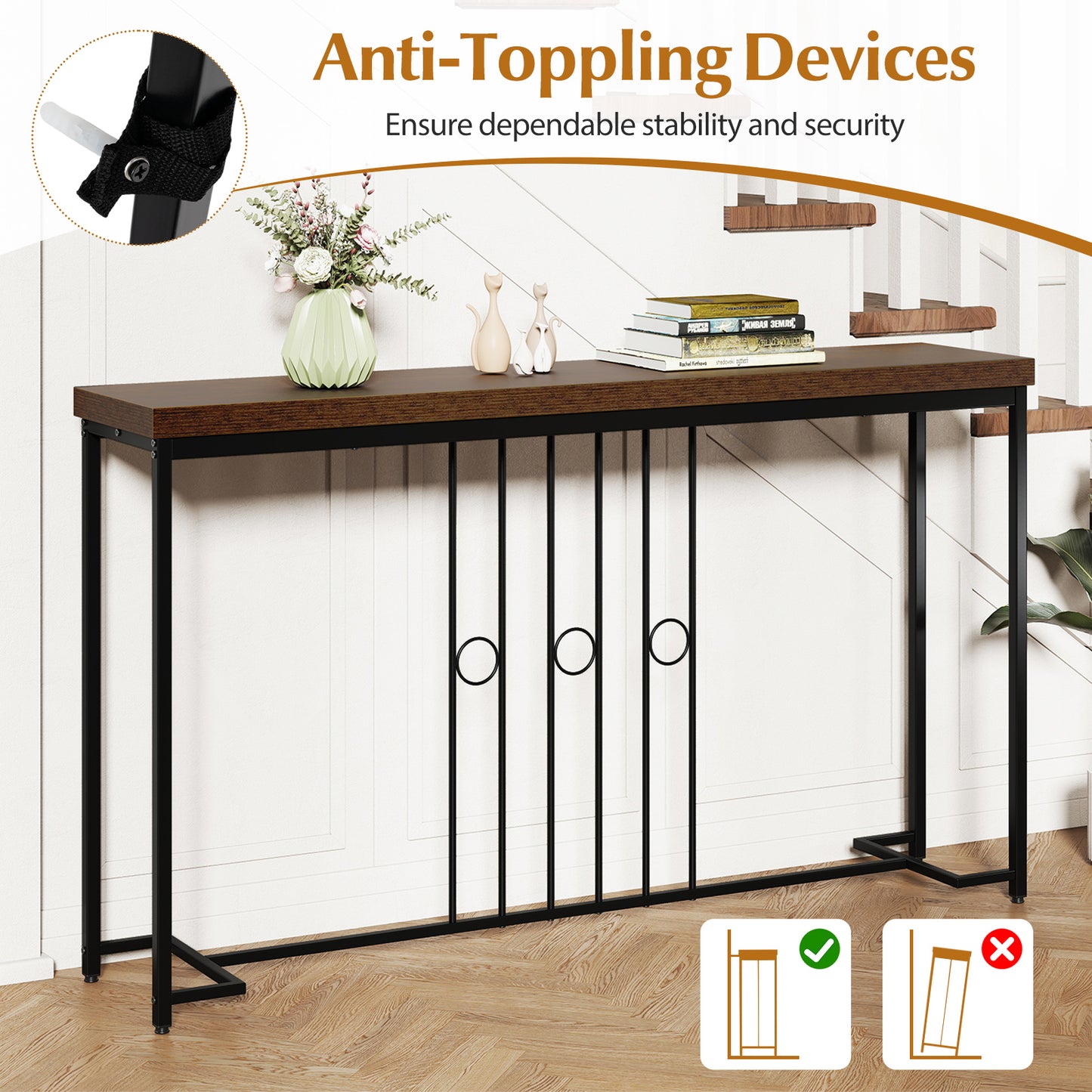 55" Industrial Console Table with H-Shaped Base, Brown Console Tables at Gallery Canada