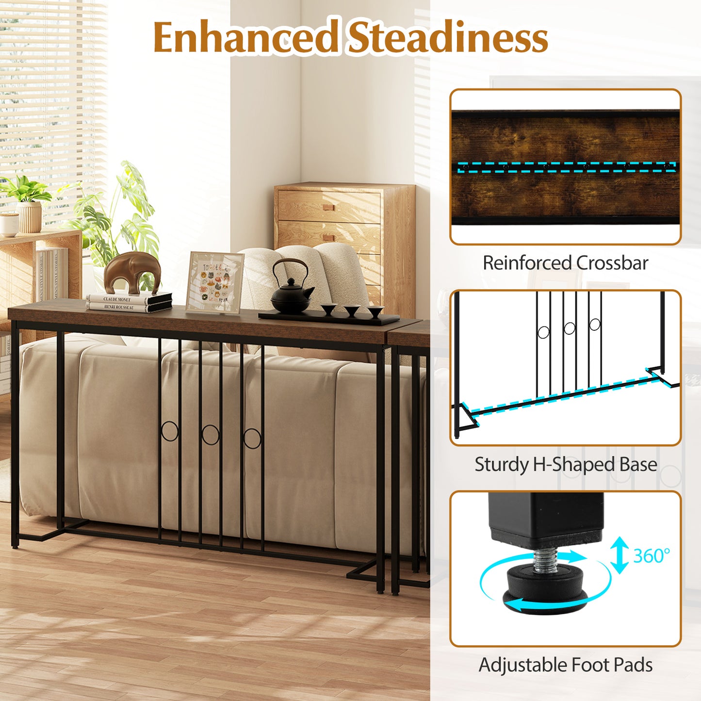 55" Industrial Console Table with H-Shaped Base, Brown Console Tables at Gallery Canada