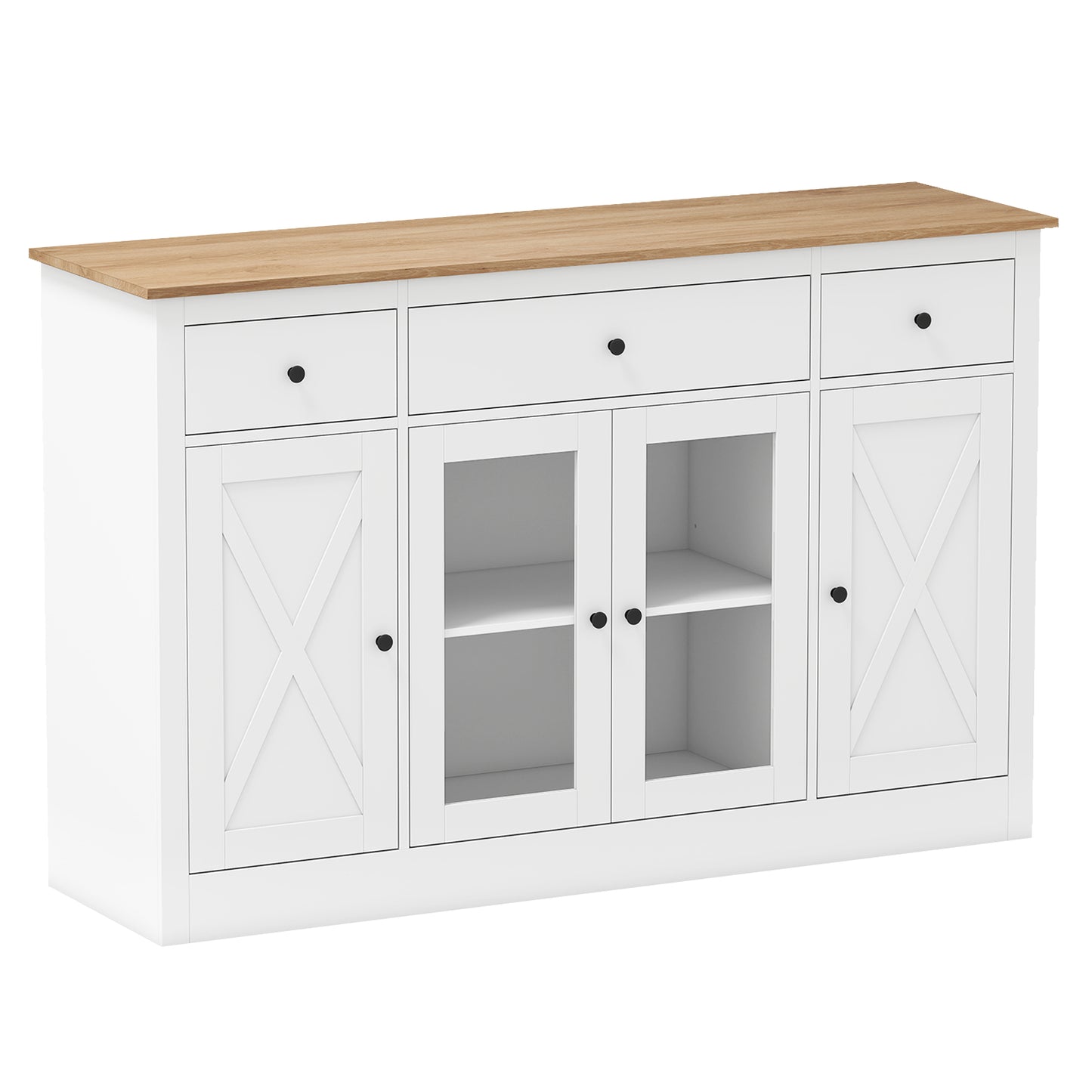 55" Large Buffet Sideboard Kitchen Storage Cabinet with 3 Drawers 2 See-through Doors Adjustable Shelves Wine Bar Table, White Sideboards Cabinets & Buffets White at Gallery Canada