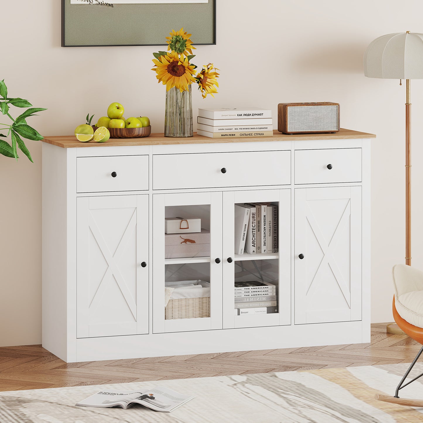 55" Large Buffet Sideboard Kitchen Storage Cabinet with 3 Drawers 2 See-through Doors Adjustable Shelves Wine Bar Table, White Sideboards Cabinets & Buffets at Gallery Canada