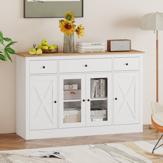 55" Large Buffet Sideboard Kitchen Storage Cabinet with 3 Drawers 2 See-through Doors Adjustable Shelves Wine Bar Table, White Sideboards Cabinets & Buffets White at Gallery Canada