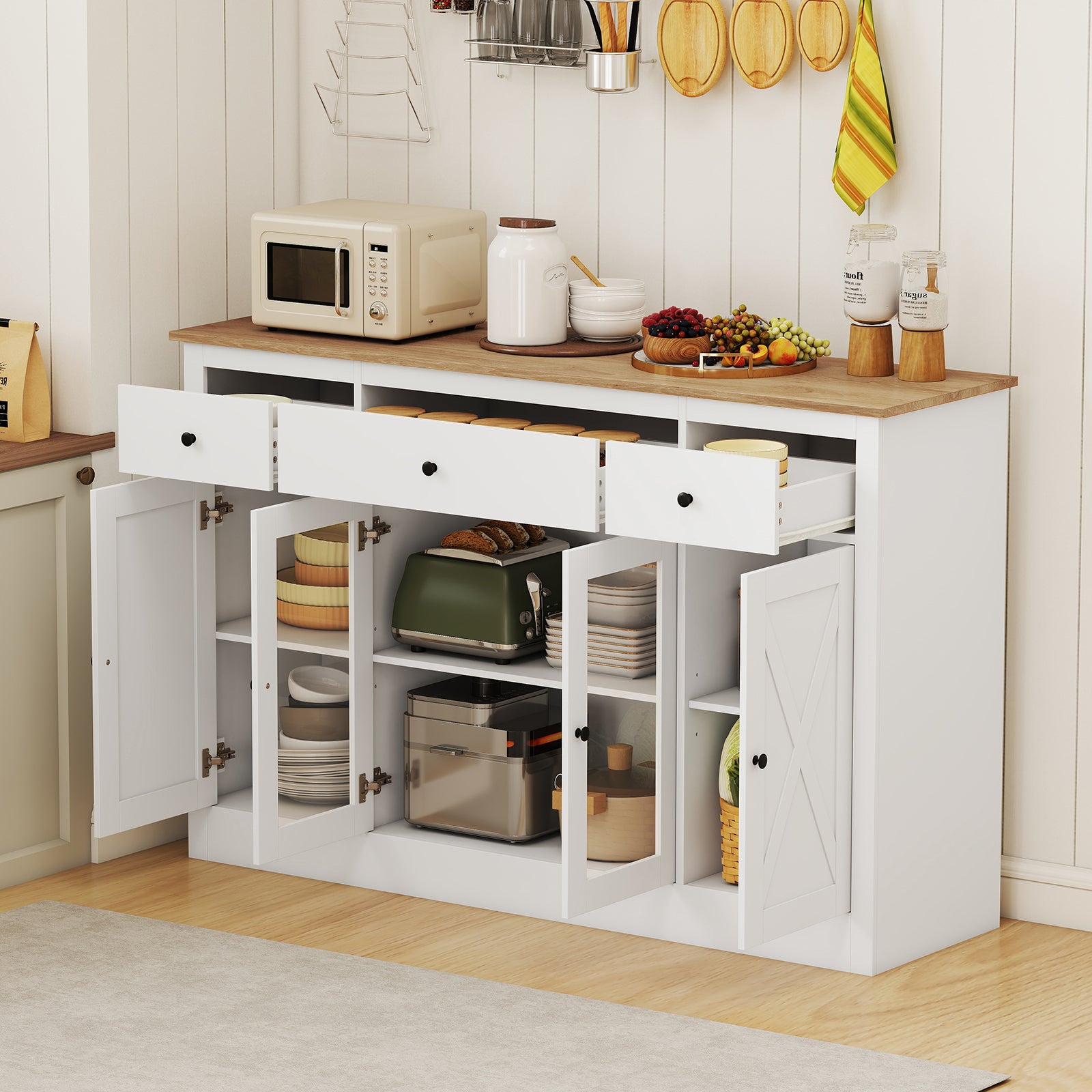 55" Large Buffet Sideboard Kitchen Storage Cabinet with 3 Drawers 2 See-through Doors Adjustable Shelves Wine Bar Table, White Sideboards Cabinets & Buffets at Gallery Canada