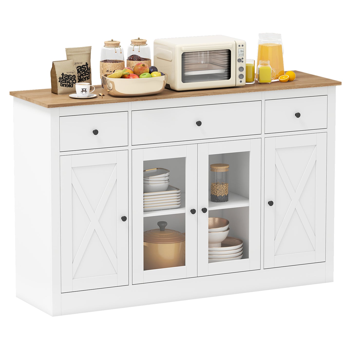 55" Large Buffet Sideboard Kitchen Storage Cabinet with 3 Drawers 2 See-through Doors Adjustable Shelves Wine Bar Table, White Sideboards Cabinets & Buffets at Gallery Canada