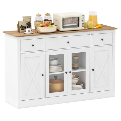 55" Large Buffet Sideboard Kitchen Storage Cabinet with 3 Drawers 2 See-through Doors Adjustable Shelves Wine Bar Table, White Sideboards Cabinets & Buffets at Gallery Canada