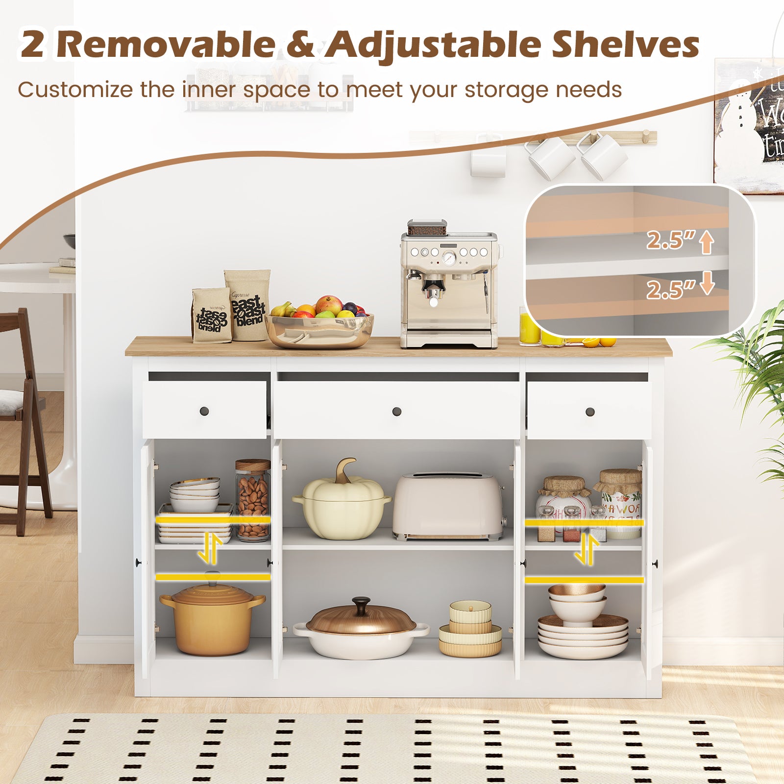 55" Large Buffet Sideboard Kitchen Storage Cabinet with 3 Drawers 2 See-through Doors Adjustable Shelves Wine Bar Table, White Sideboards Cabinets & Buffets at Gallery Canada