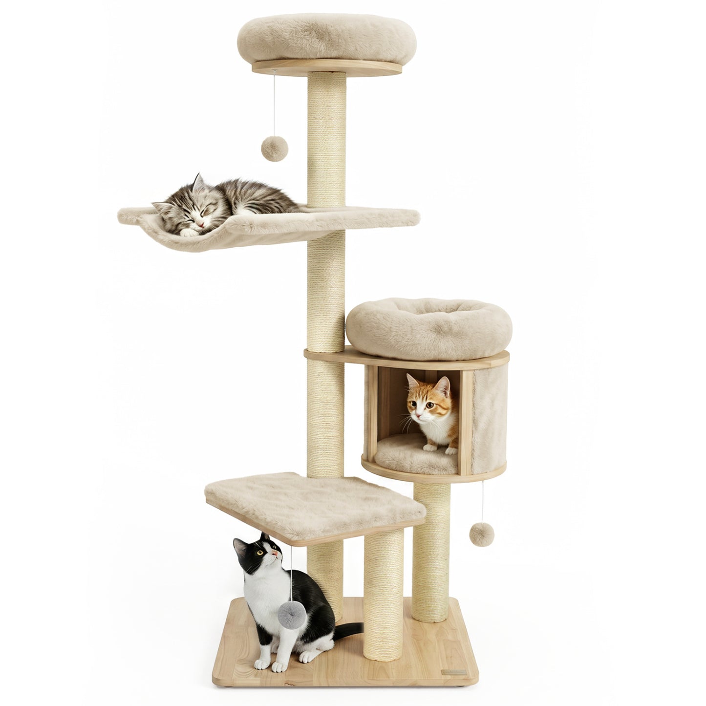 Arbre à chat en bois massif "55", avec condo et hamac, beige