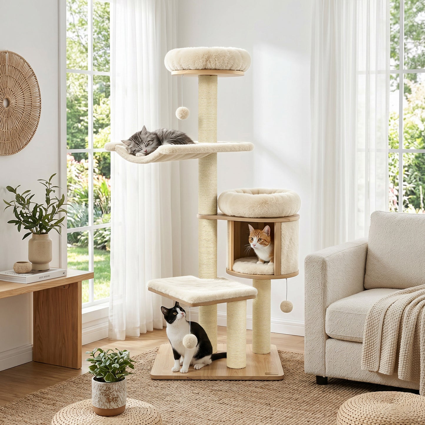 Arbre à chat en bois massif "55", avec condo et hamac, beige