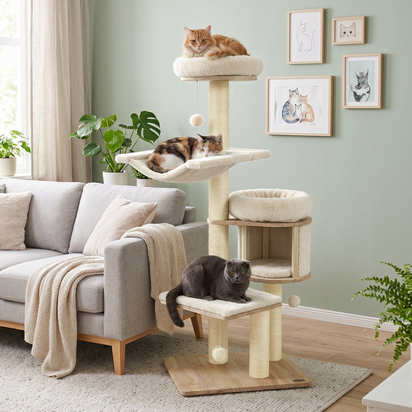 Arbre à chat en bois massif "55", avec condo et hamac, beige
