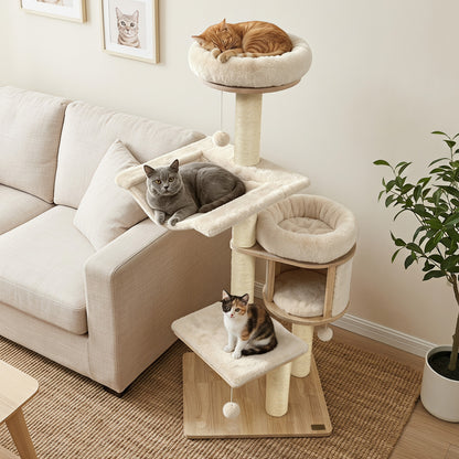 Arbre à chat en bois massif "55", avec condo et hamac, beige