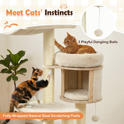 Arbre à chat en bois massif "55", avec condo et hamac, beige