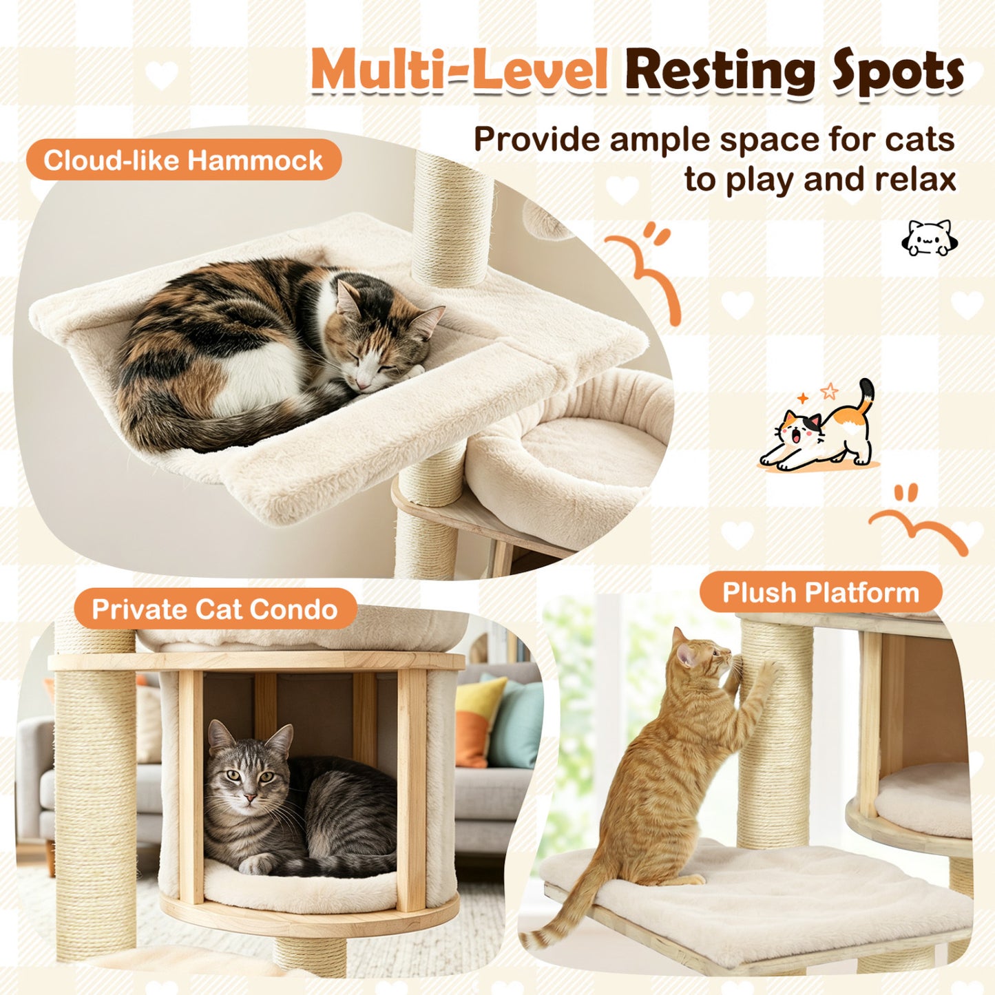 Arbre à chat en bois massif "55", avec condo et hamac, beige