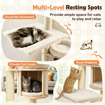 Arbre à chat en bois massif "55", avec condo et hamac, beige