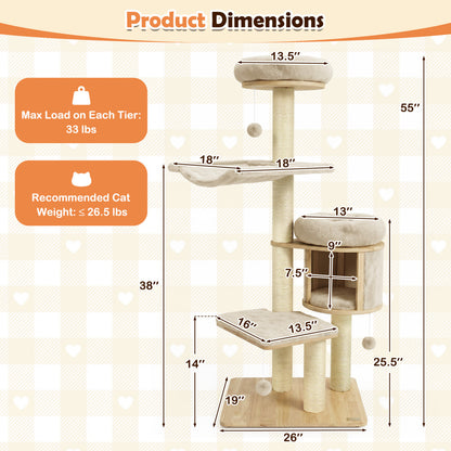 Arbre à chat en bois massif "55", avec condo et hamac, beige