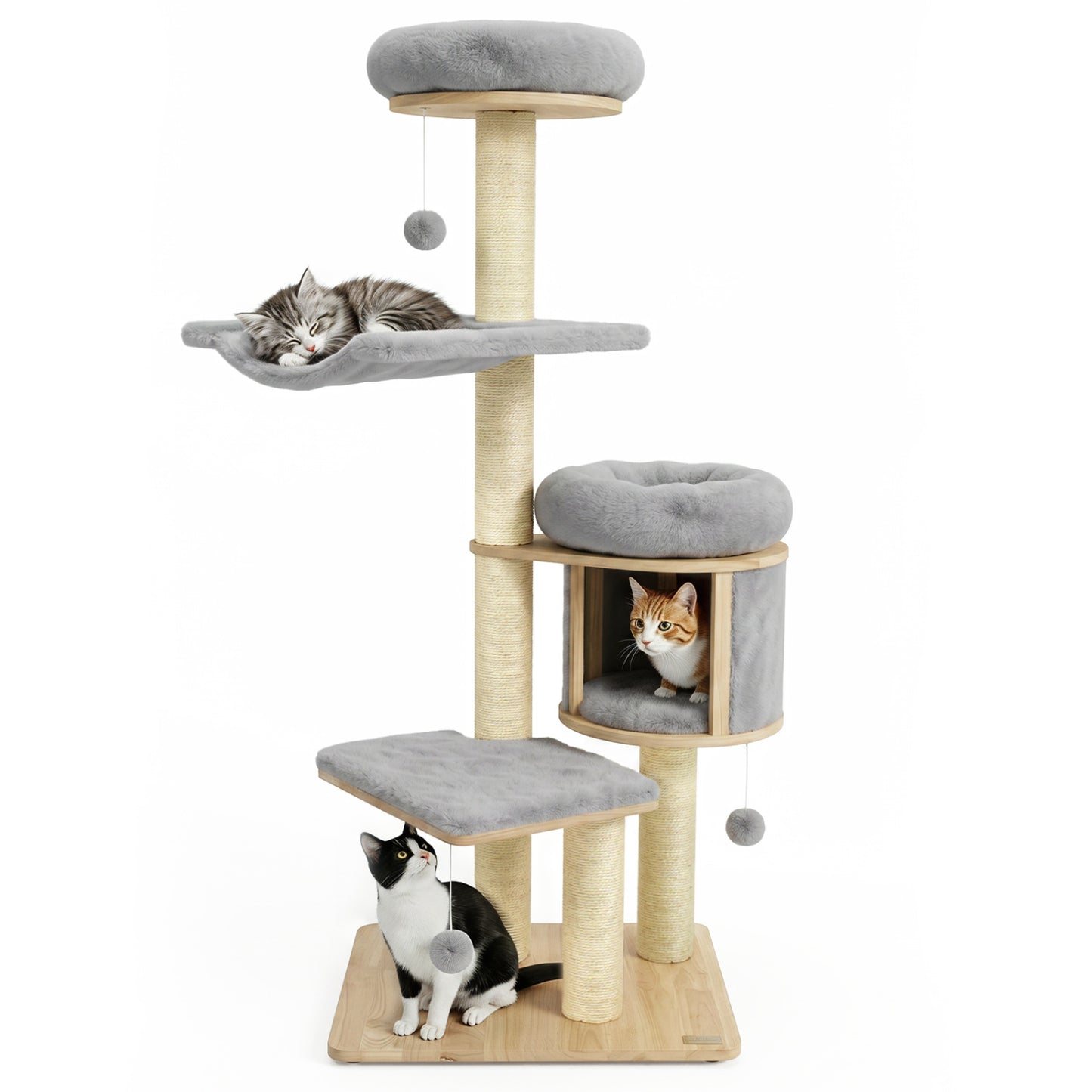 Arbre à chat en bois de caoutchouc massif avec condo, hamac, poteaux à gratter, gris