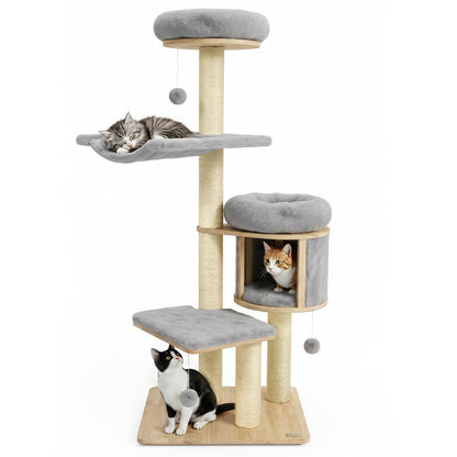 Arbre à chat en bois de caoutchouc massif avec condo, hamac, poteaux à gratter, gris