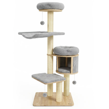 Arbre à chat en bois de caoutchouc massif avec condo, hamac, poteaux à gratter, gris