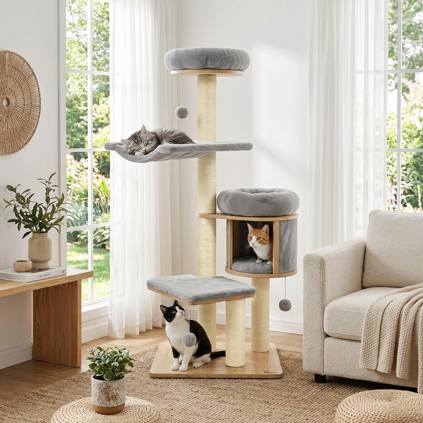 Arbre à chat en bois de caoutchouc massif avec condo, hamac, poteaux à gratter, gris